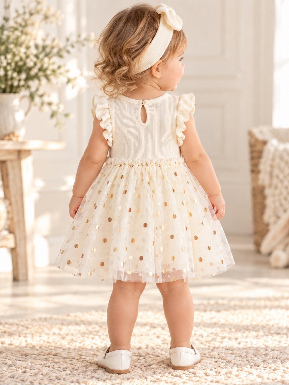 Madison Cream Dress with Gold Dot Tulle and Headband